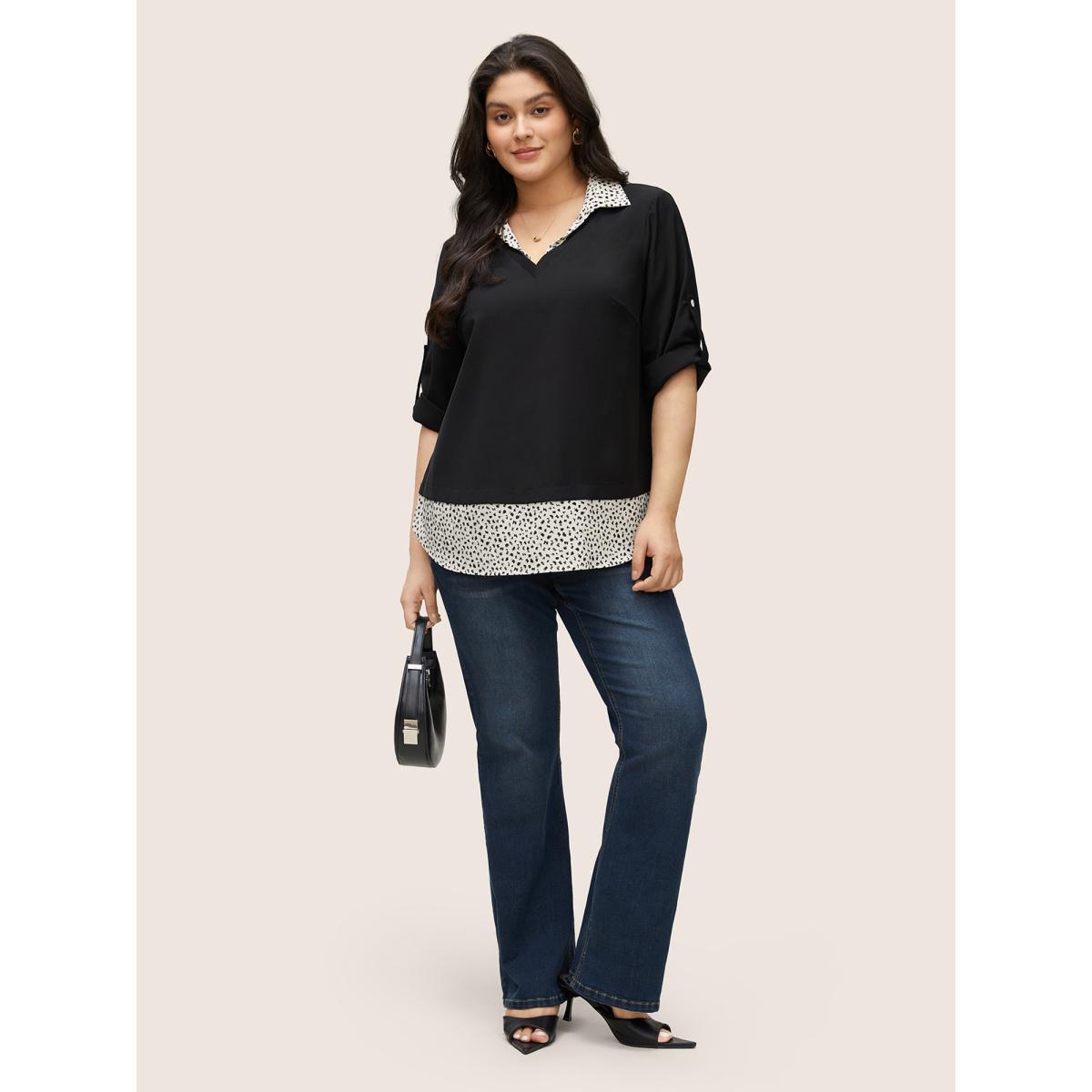 Plus Size Black Static-Free Leopard 2-In-1 Roll Tab Sleeve Blouse Women At the Office Elbow-length sleeve Shirt collar Work Blouses BloomChic 18-20/2X Product Image