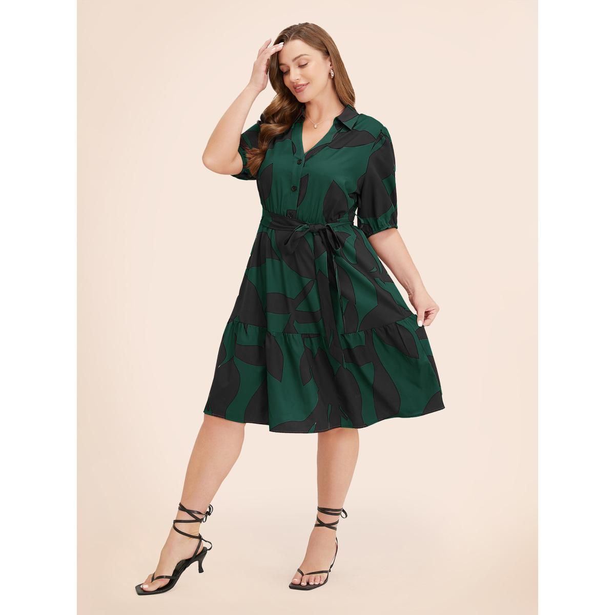 Plus Size Plant Pocket Puff Sleeve Belt Ruffle Hem Button Up Dress DarkGreen Women Office Belted Shirt collar Short sleeve Curvy Knee Dress BloomChic 14-16/1X Product Image
