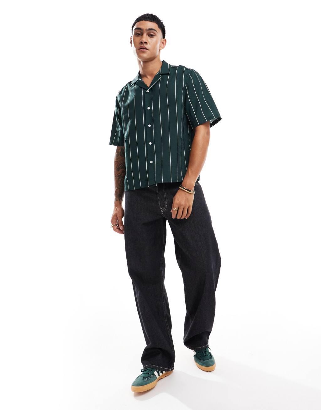 ASOS DESIGN cotton relaxed boxy shirt in green stripe Product Image
