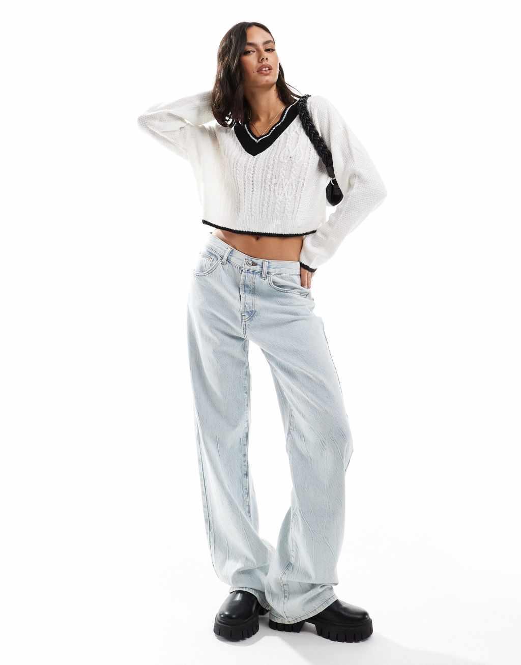 Miss Selfridge varsity v neck slouchy sweater in cream Product Image