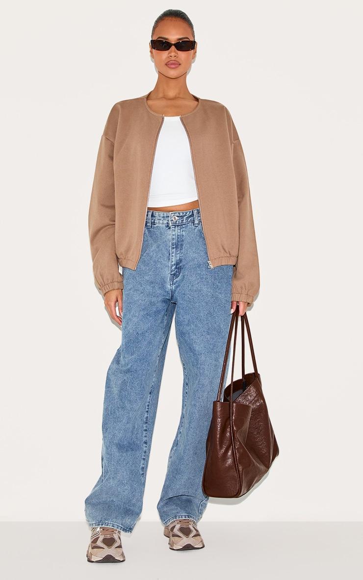 Taupe Premium Oversized Boxy Collarless Zip Sweat Top Product Image