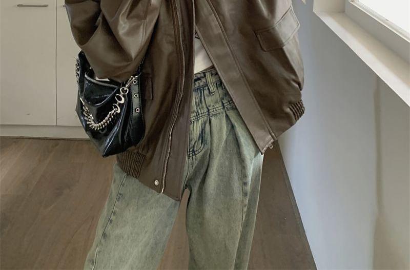 Long Sleeve Plain Faux Leather Loose-Fit Jacket Product Image