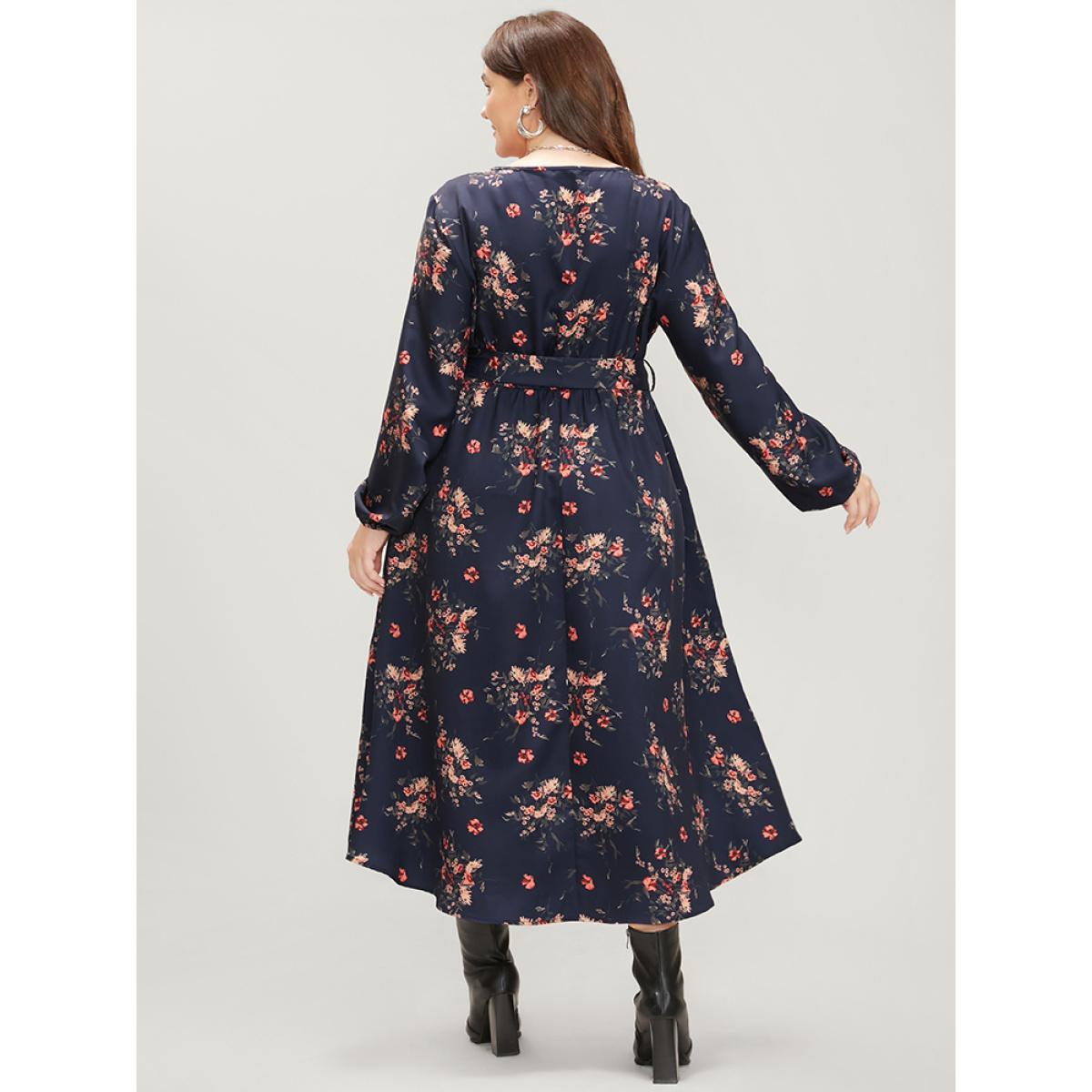 Plus Size Floral Print V Neck Lantern Sleeve Pocket Belted Dress Navy Women Elegant Elastic Waist V-neck Long Sleeve Curvy Midi Dress BloomChic 30/6X Product Image