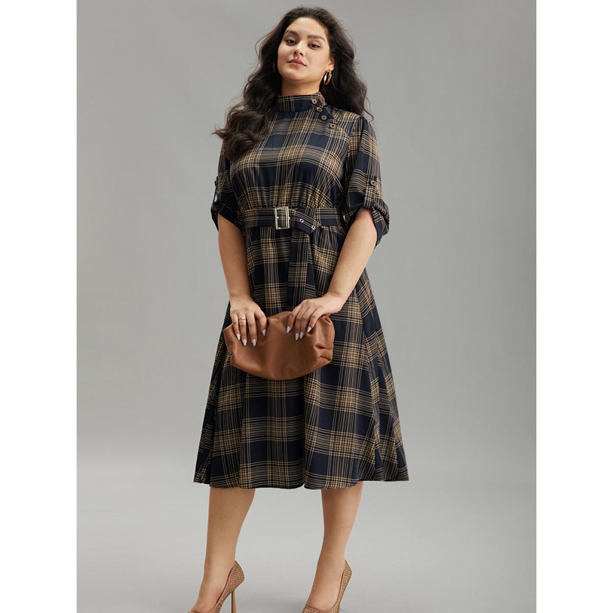 Plus Size Mock Neck Plaid Buckle Detail Belted Dress Indigo Women Office Belted Mock Neck Elbow-length sleeve Curvy Midi Dress BloomChic 10/M Product Image