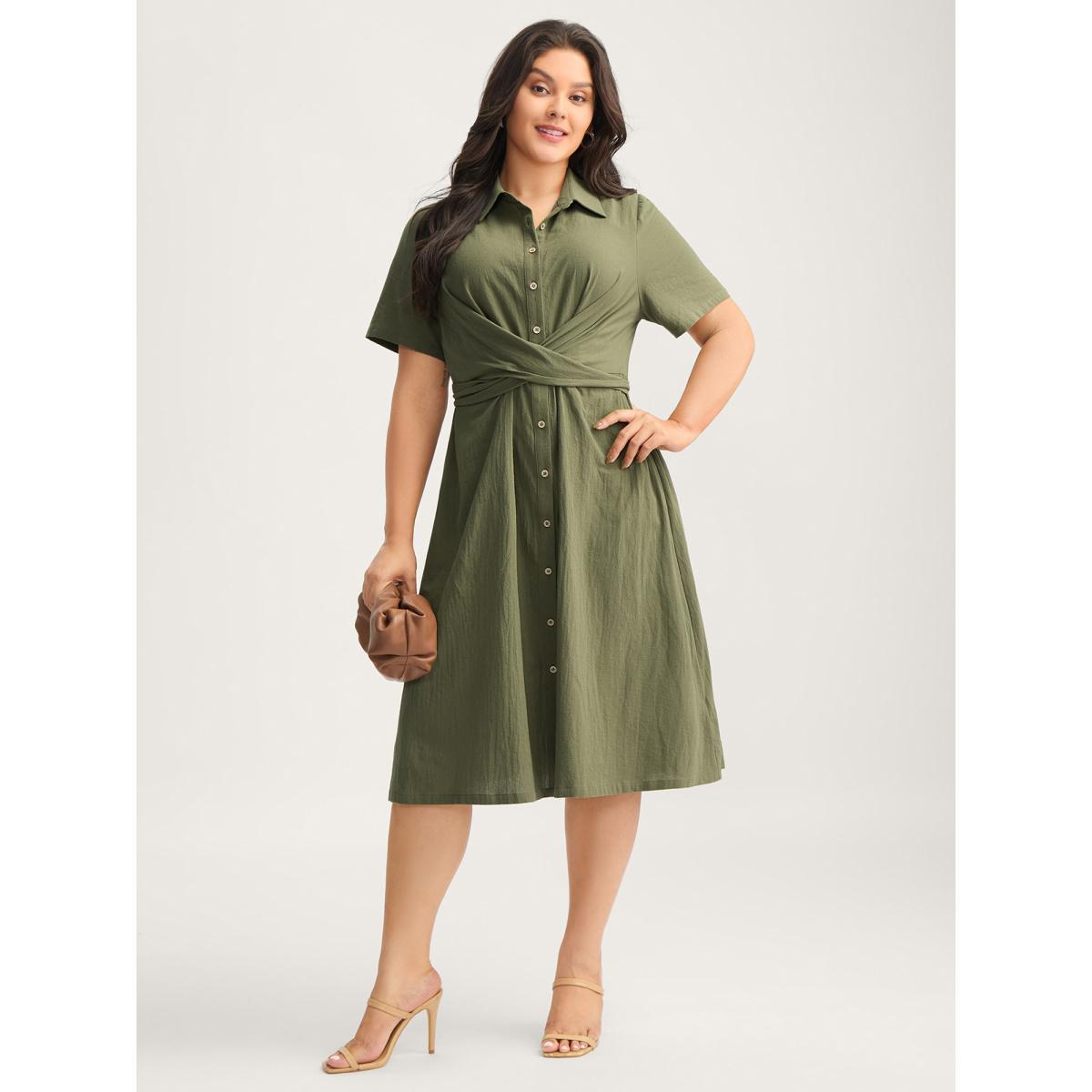 Plus Size Cotton Back-Tie Overlap Shirt Dress ArmyGreen Women Tie knot Shirt collar Short sleeve Curvy BloomChic 26/4X Product Image