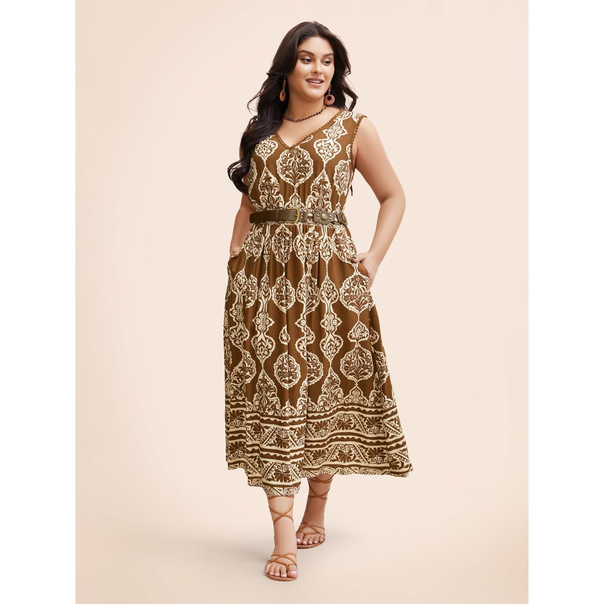 Plus Size Bandana Shirred Pompom Trim Midi Dress Yellowishbrown Women Resort Woven ribbon&lace trim V-neck Sleeveless Curvy BloomChic 26/4X Product Image