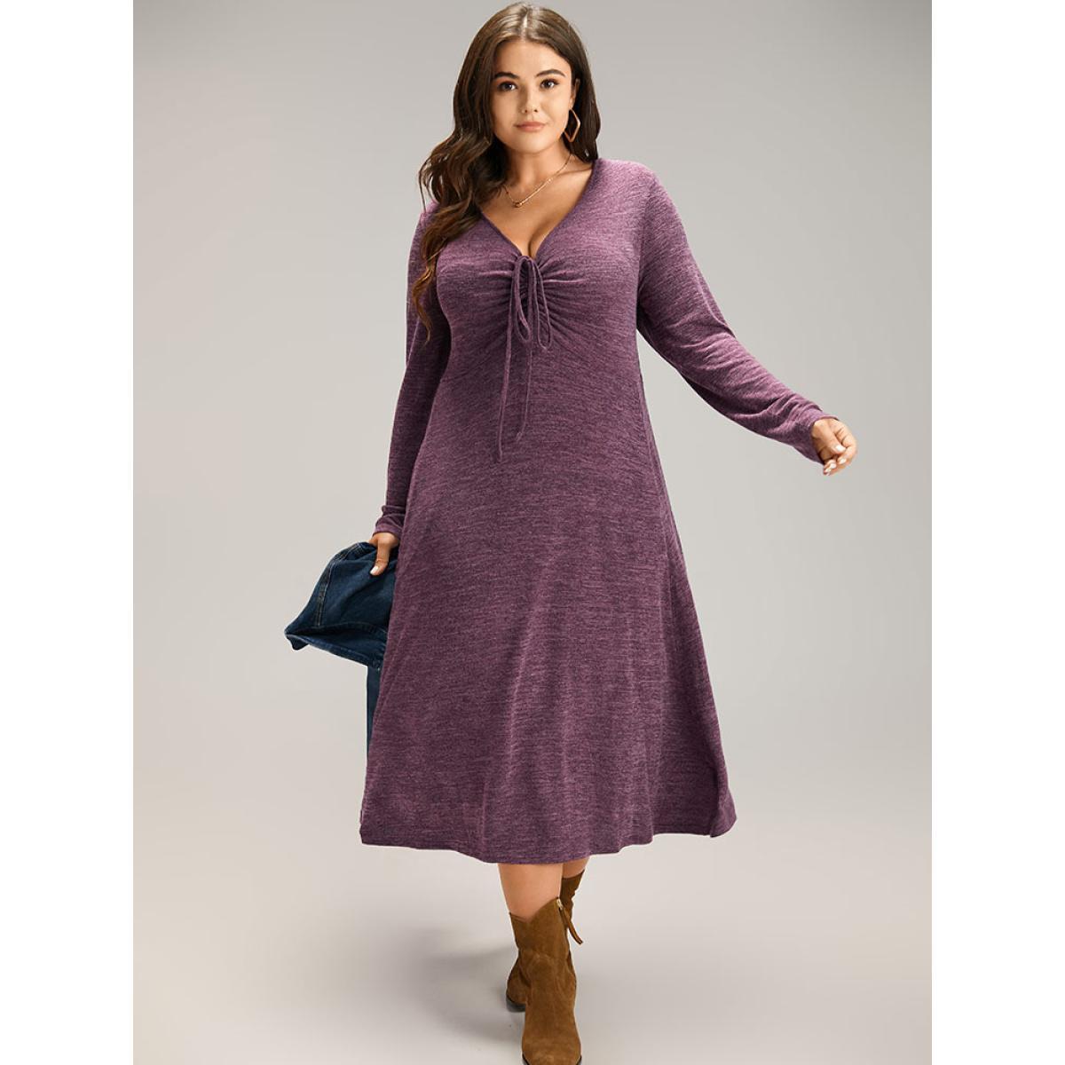 Plus Size Solid Ruched Drawstring Bowknot Pocket Dress Purple Women Casual Gathered Tie Neck Long Sleeve Curvy Midi Dress BloomChic 10/M Product Image