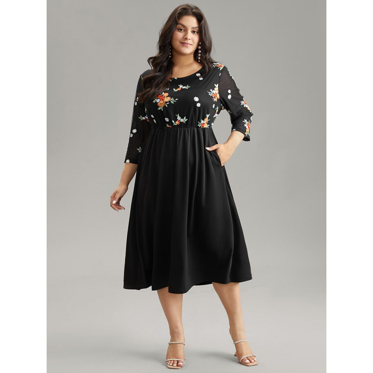 Plus Size Floral Embroidered Mesh Patchwork Elastic Waist Dress Black Women Cocktail Patchwork Round Neck Elbow-length sleeve Curvy Midi Dress BloomChic 28/5X Product Image