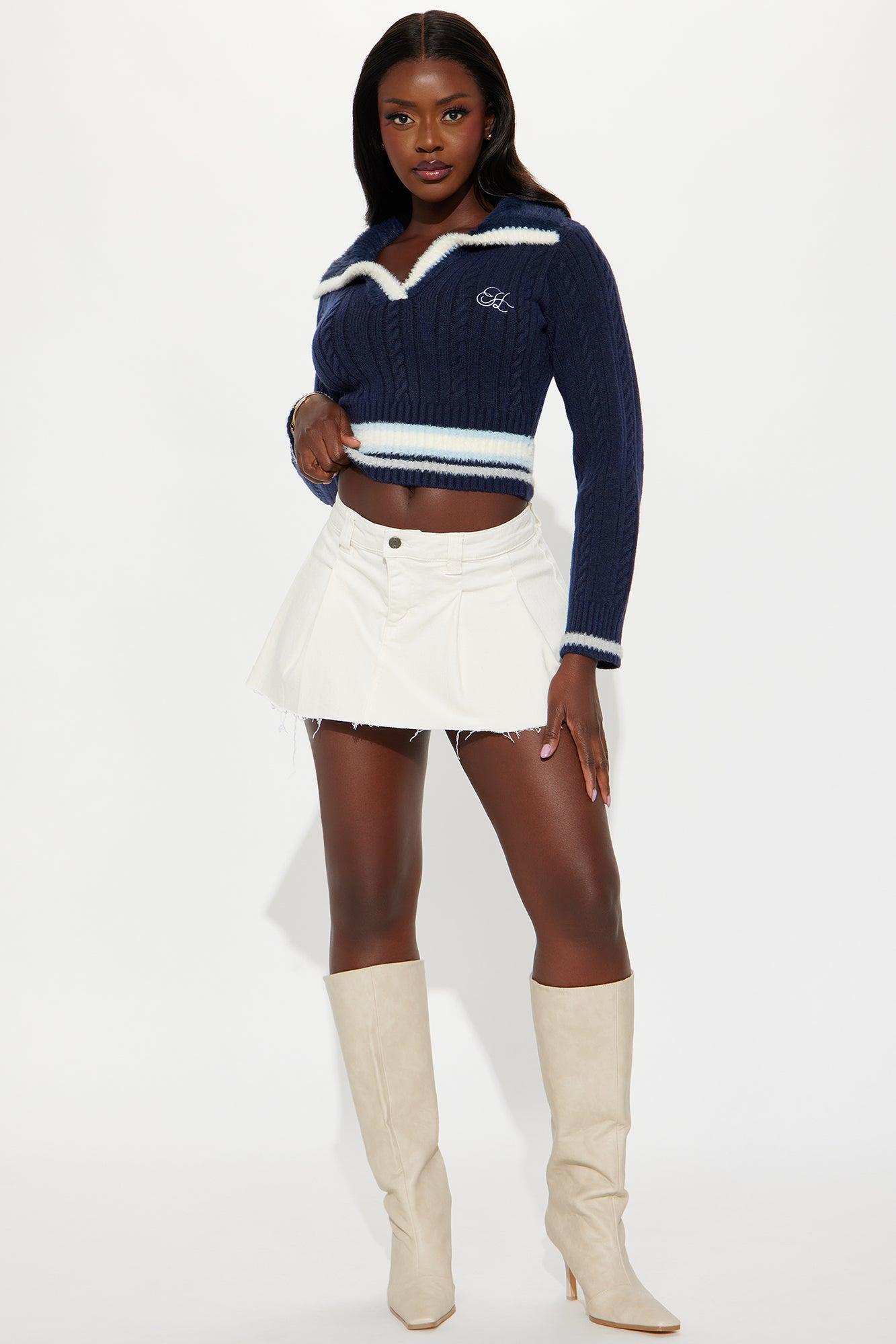 All The Gossip Varsity Polo Sweater - Navy/combo Product Image