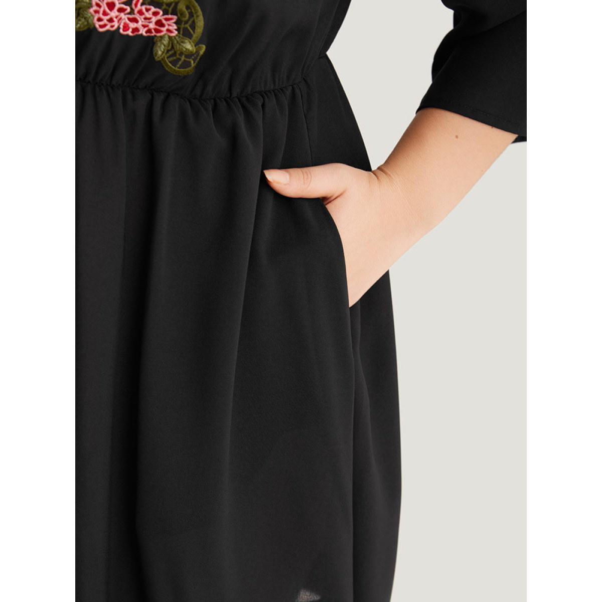Plus Size Floral Embroidered Pocket V Neck Dress Black Women Vacation Embroidered V-neck Elbow-length sleeve Curvy Midi Dress BloomChic 10/M Product Image