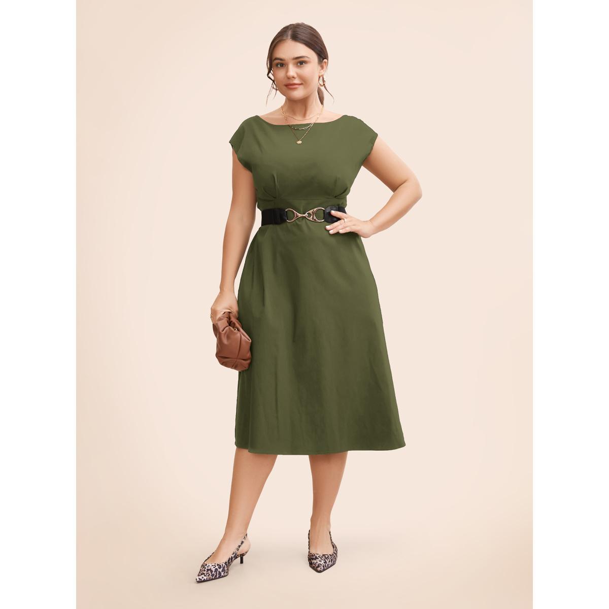 Plus Size Stretch Woven Cowl Neckline Midi Dress ArmyGreen Women Workwear Essentials Pleated Boat Neck Cap Sleeve Curvy BloomChic 22-24/3X Product Image