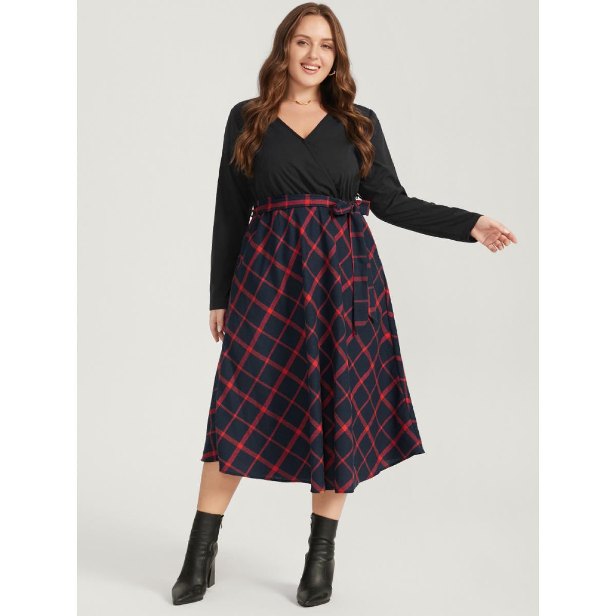 Plus Size Plaid Patchwork Pocket Belted Surplice Neck Dress Scarlet Women Elegant Belted V-neck Long Sleeve Curvy Midi Dress BloomChic 10/M Product Image