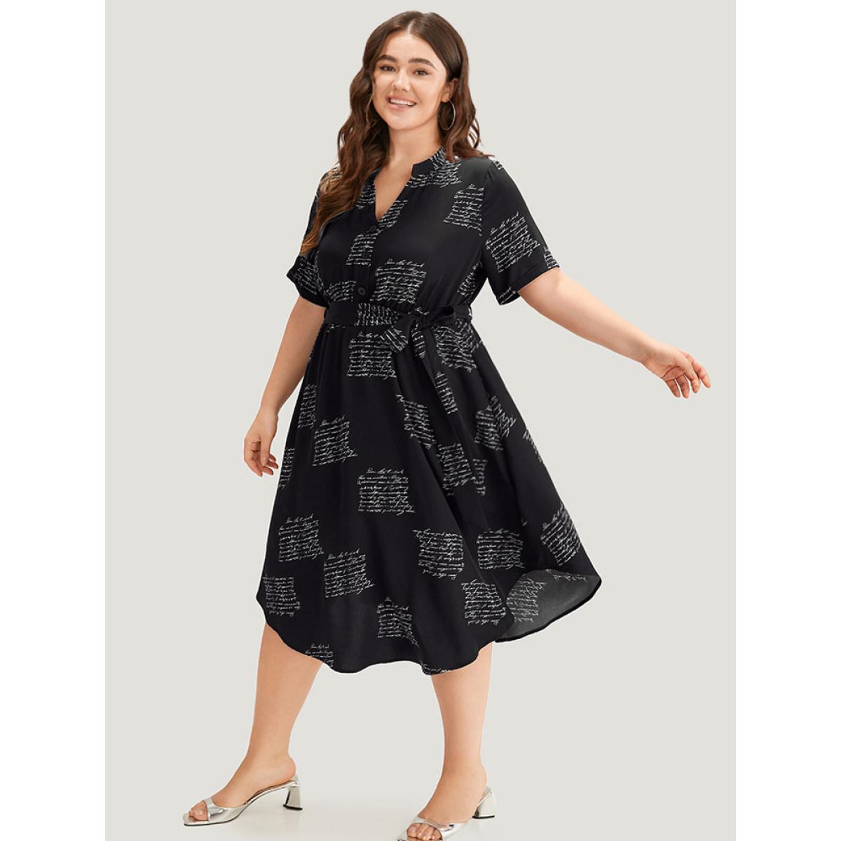 Plus Size Letter Print Notched Belted Arc Hem Dress Black Women Office Belted Mock Neck Short sleeve Curvy Midi Dress BloomChic 10/M Product Image
