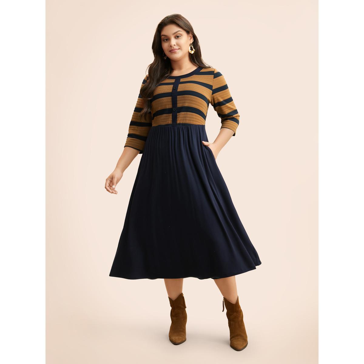 Plus Size Striped Contrast Elastic Waist Dress Yellowishbrown Women Casual Contrast Round Neck Elbow-length sleeve Curvy BloomChic 14-16/1X Product Image