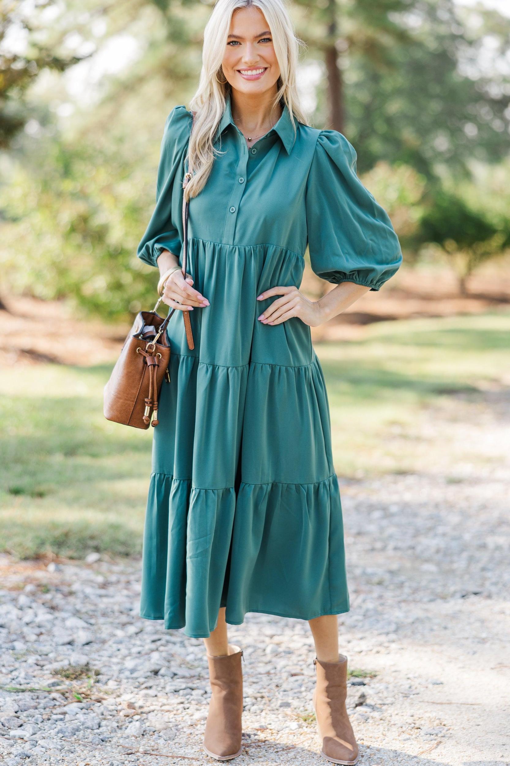 Love Found Sage Green Tiered Midi Dress Female Product Image