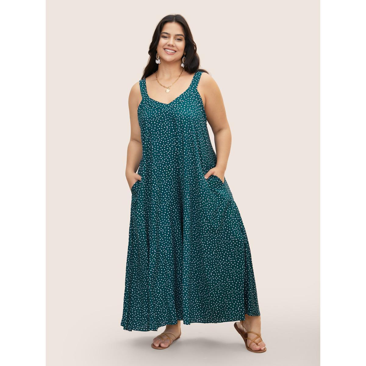 Plus Size Teal Polka Dot U Neck Wide Leg Jumpsuit Women Resort Sleeveless U-neck Vacation Loose Jumpsuits BloomChic 18-20/2X Product Image