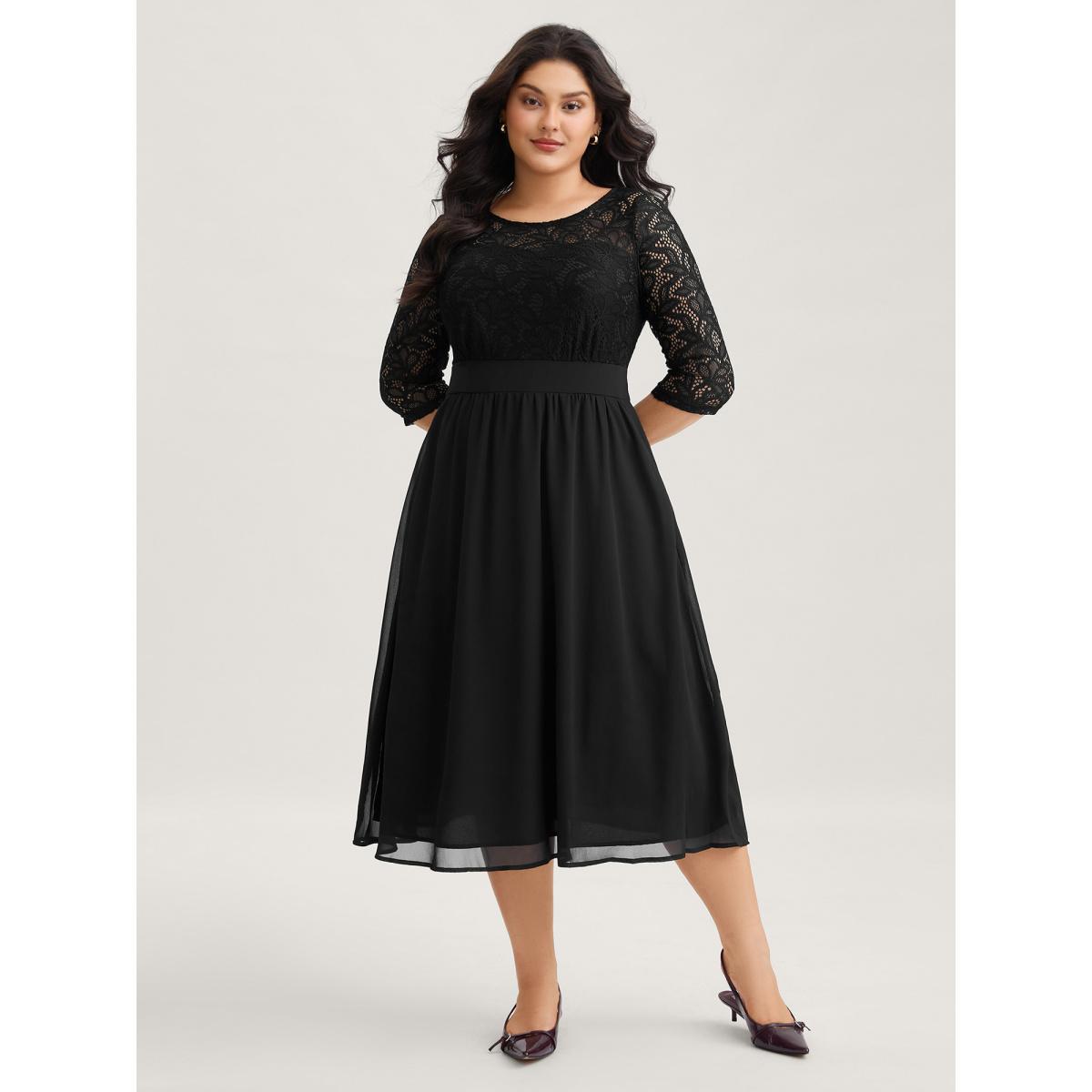 Plus Size Lace Patchwork Shirred Midi Pocket Dress Black Women Cocktail Woven ribbon&lace trim Round Neck Elbow-length sleeve Curvy BloomChic 22-24/3X Product Image