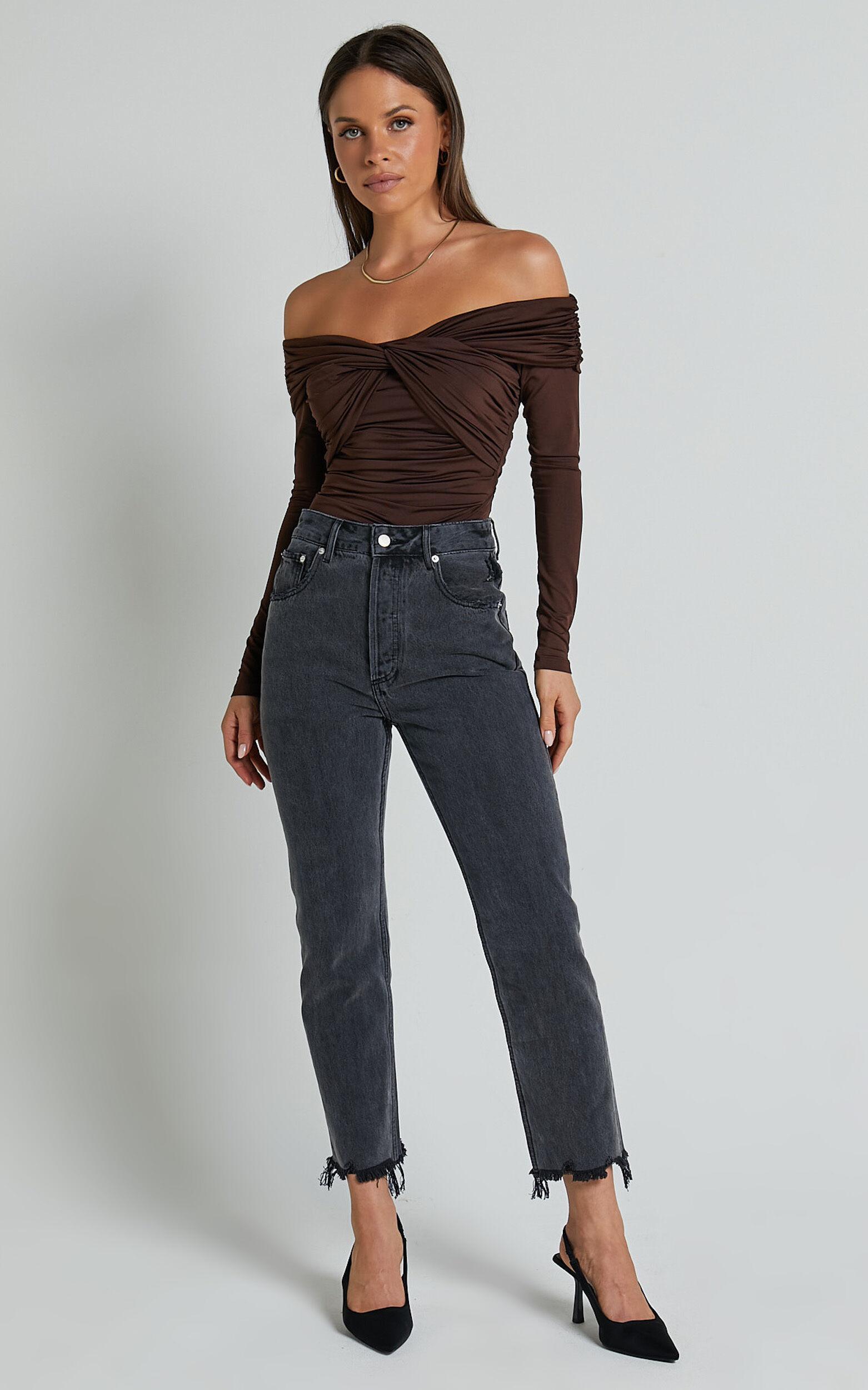 Shamaira Bodysuit - Twist Front Off Shoulder Long Sleeve in Brown Product Image
