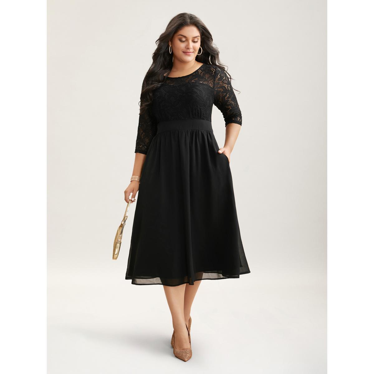 Plus Size Lace Patchwork Shirred Midi Pocket Dress Black Women Cocktail Woven ribbon&lace trim Round Neck Elbow-length sleeve Curvy BloomChic 22-24/3X Product Image