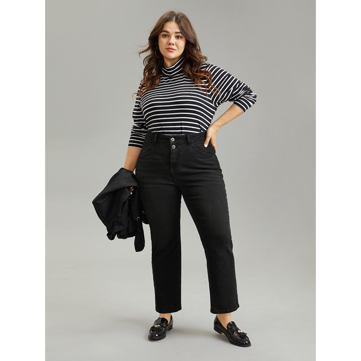 Plus Size Vintage Black Wash High Rise Straight Leg Jeans Women DimGray Casual Plain Plain High stretch Pocket Jeans BloomChic 24/3X Product Image