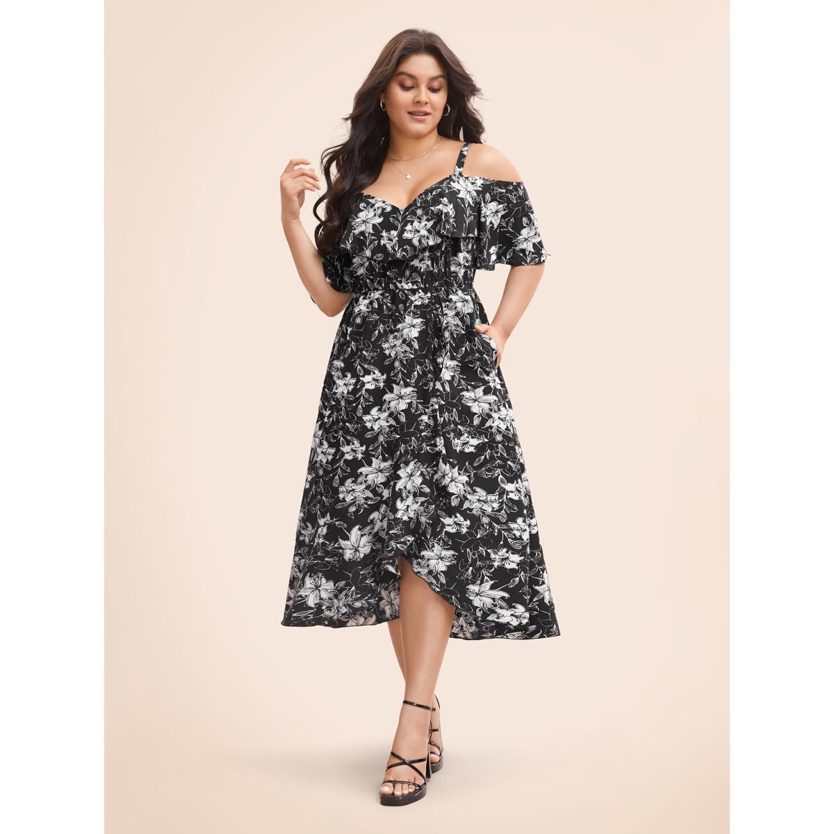Plus Size Floral Heart Neckline Ruffle Trim Dress Black Women Elegant Ruffles Heart neckline Short sleeve Curvy BloomChic 28/5X Product Image