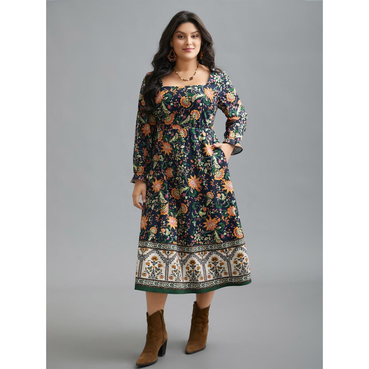 Plus Size Square Neck Floral Boho Print Midi Dress Black Women Resort Ruffles Square Neck Long Sleeve Curvy BloomChic 12/L Product Image