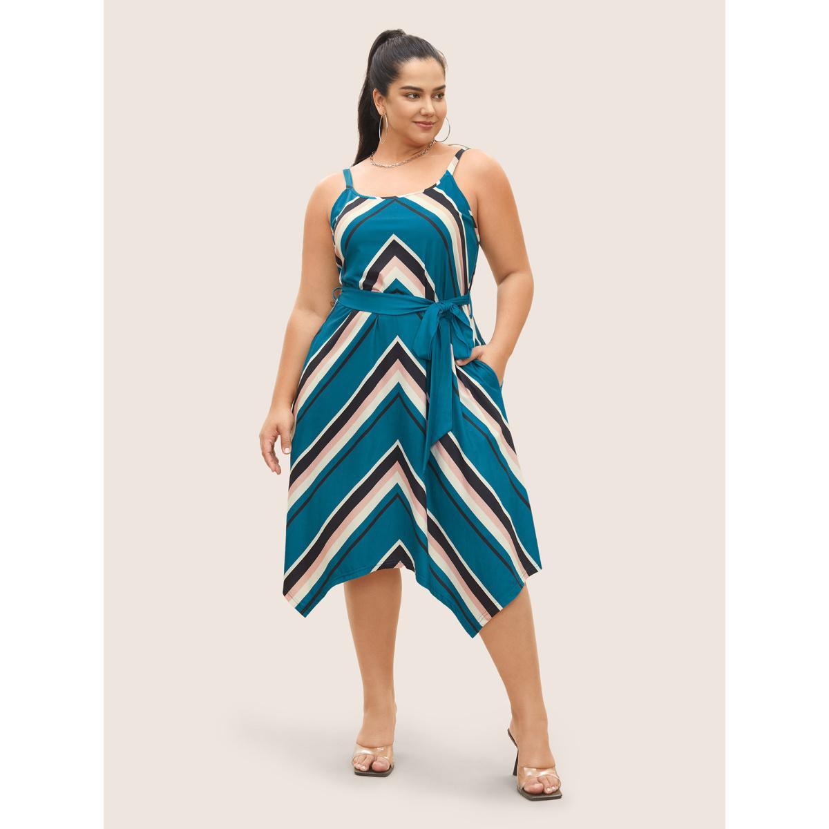 Plus Size Striped Geometric Belted Adjustable Straps Dress Cerulean Women Casual Non U-neck Sleeveless Curvy Midi Dress BloomChic 26/4X Product Image