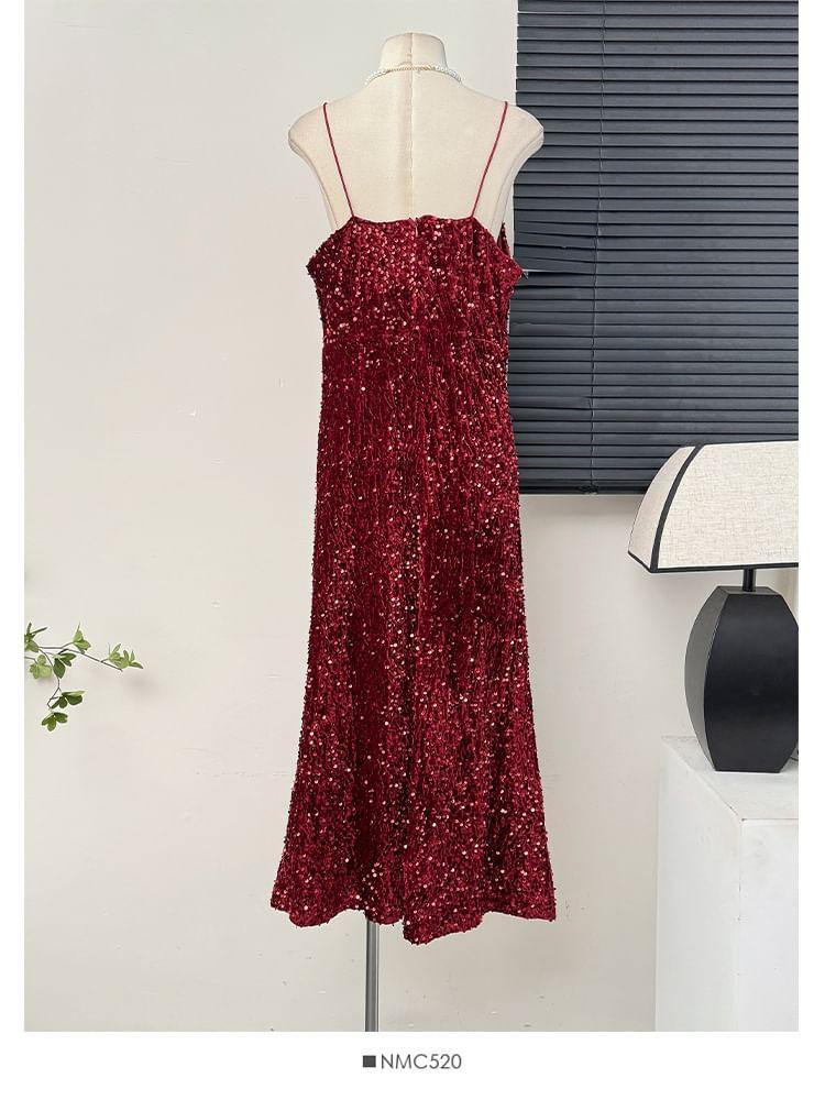 Velvet Sequined Sleeveless V-Neck Maxi Dress Product Image