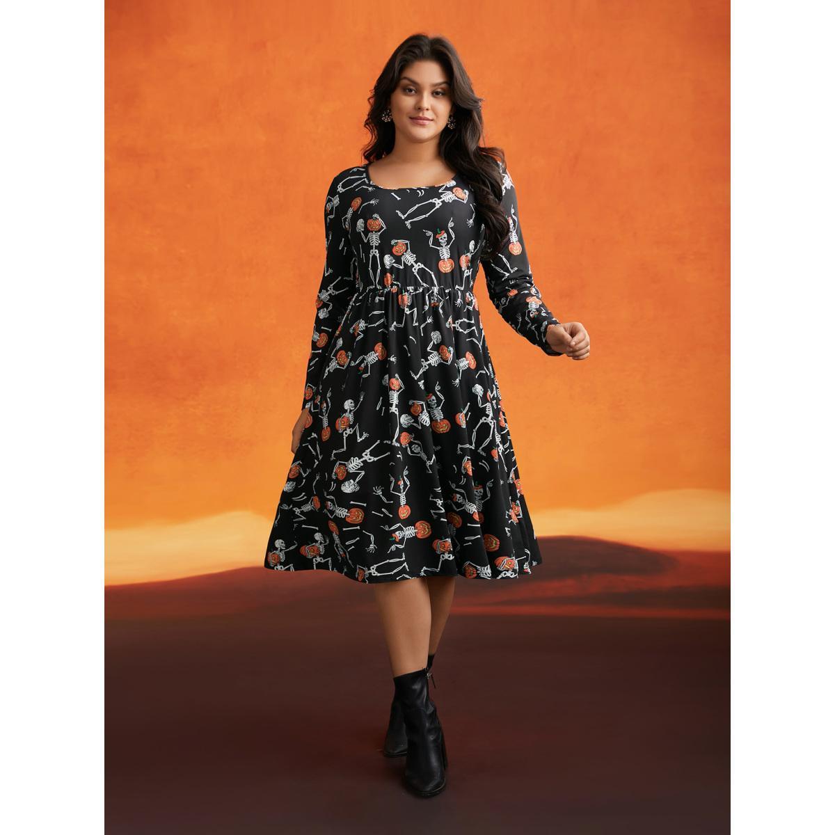 Plus Size Pumpkin Skeleton Elastic Waist Midi Dress Black Women Cocktail Non Party Curvy Bloomchic 26/4X Product Image