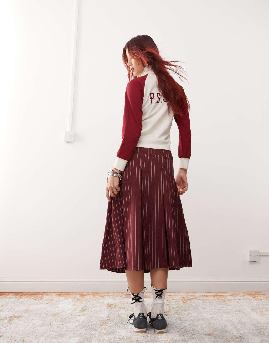 Reclaimed Vintage pleated midi skirt in burgundy pinstripe Product Image