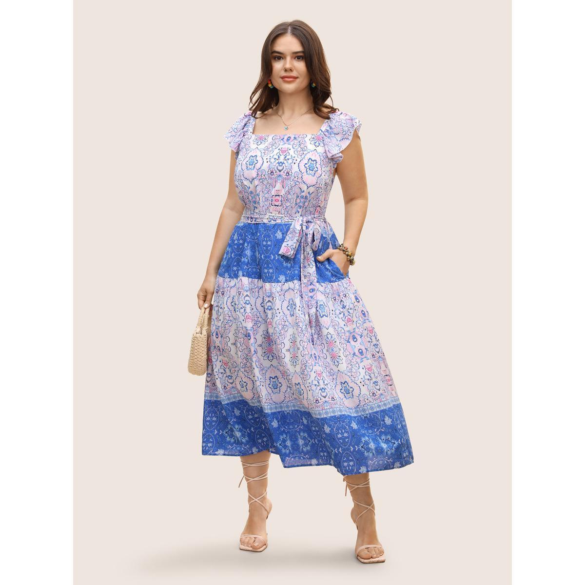 Plus Size Boho Print Ruffle Sleeve Belted Midi Dress Bluepurple Women Resort Belted Non Short sleeve Curvy BloomChic 22-24/3X Product Image