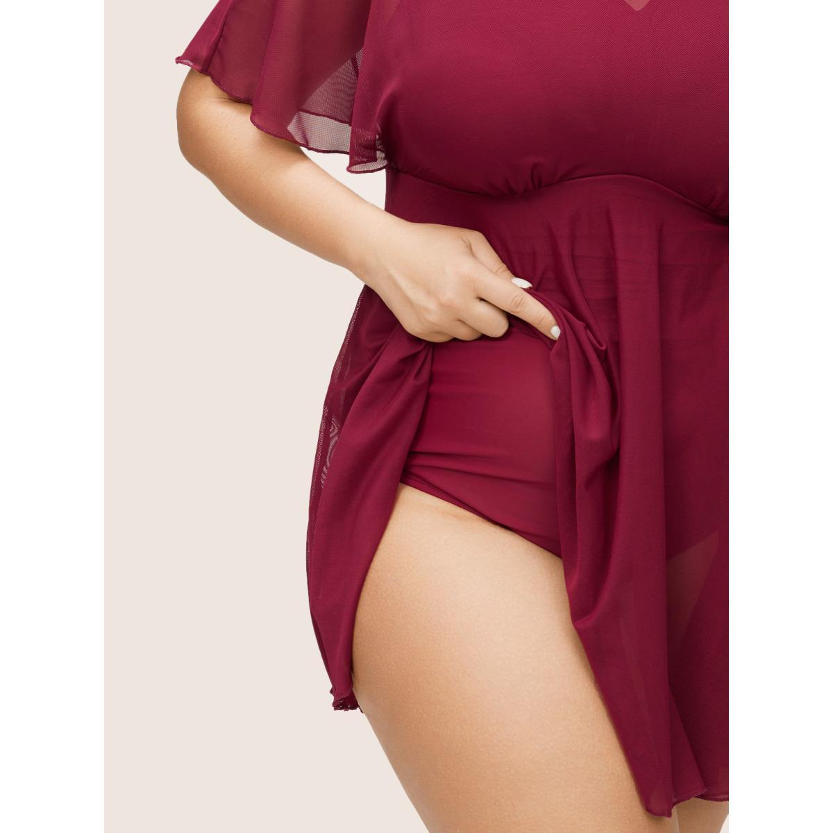Plus Size Plain Flutter Sleeve Tiered Mesh Swim Dress Women's Swimwear Scarlet Beach Bodycon Round Neck High stretch Curve Swim Dresses BloomChic 14-16/1X Product Image