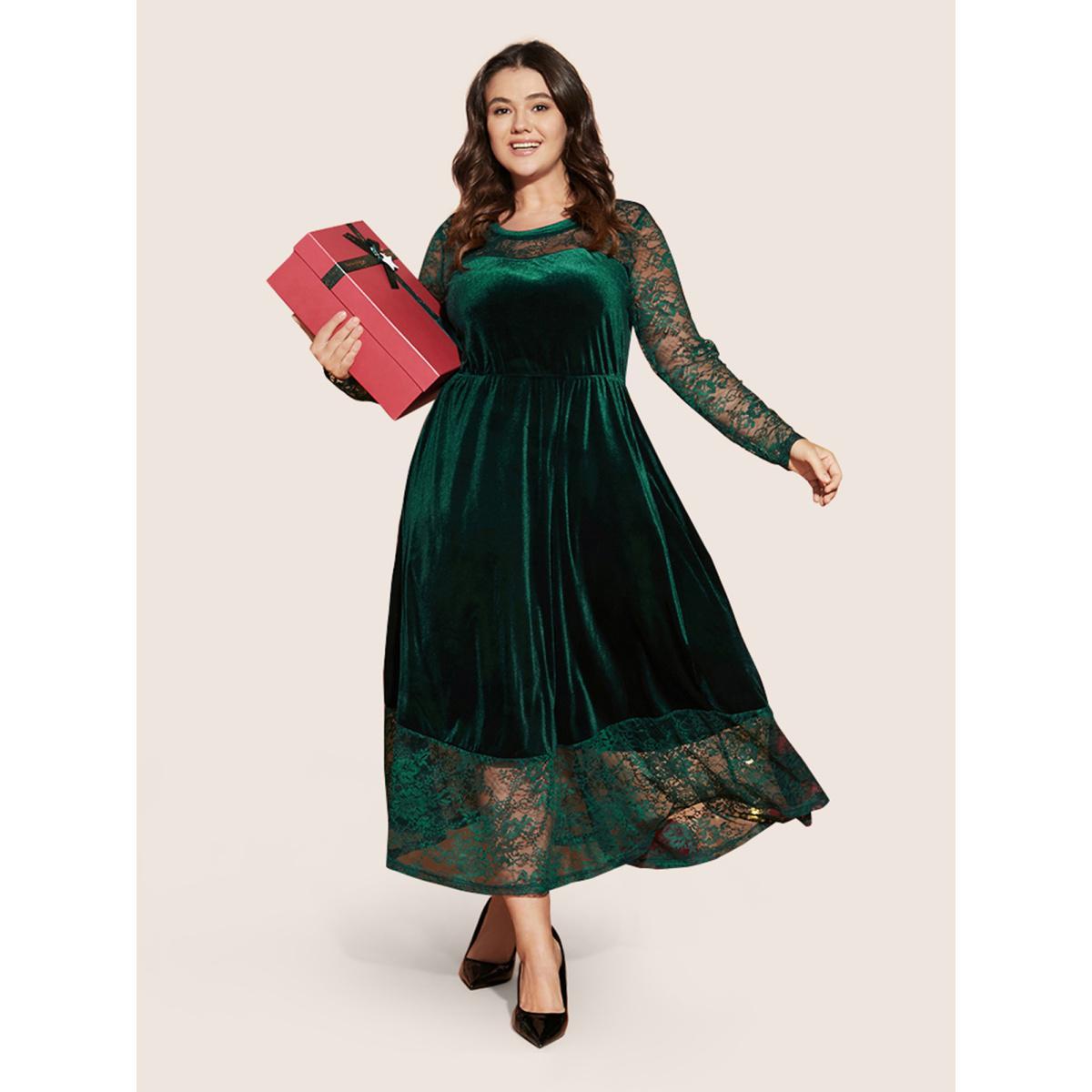 Plus Size Solid Contrast Lace Pocket Round Neck Velvet Dress DarkGreen Women Glamour Lace Round Neck Long Sleeve Curvy Midi Dress BloomChic 10/M Product Image