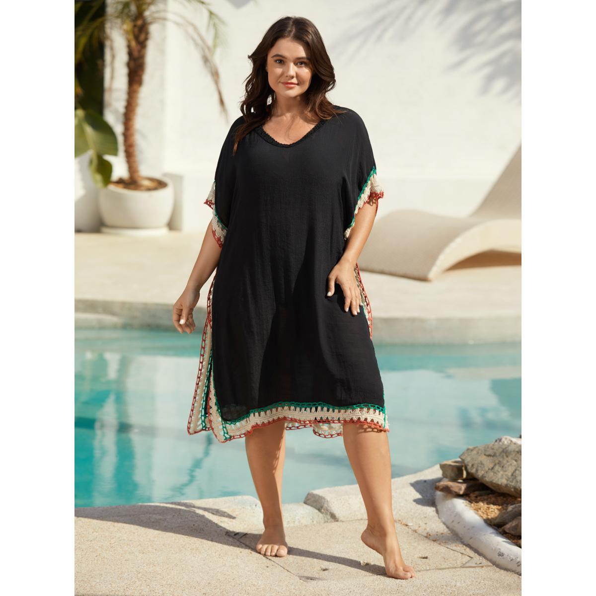 Plus Size Color Contrast Cut-Out Swim Cover-Up Women's Swimwear Black Beach Loose Contrast Curve Swim Cover Ups BloomChic 18-20/2X Product Image