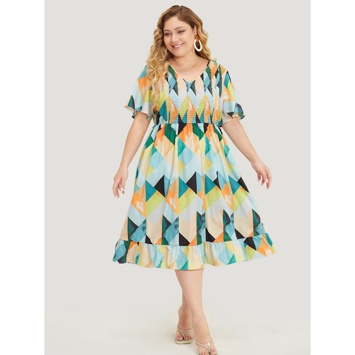 Plus Size Geometric Print Shirred Ruffle Hem Pocket Dress Multicolor Women Elegant Gathered V-neck Short sleeve Curvy Midi Dress BloomChic 18-20/2X Product Image