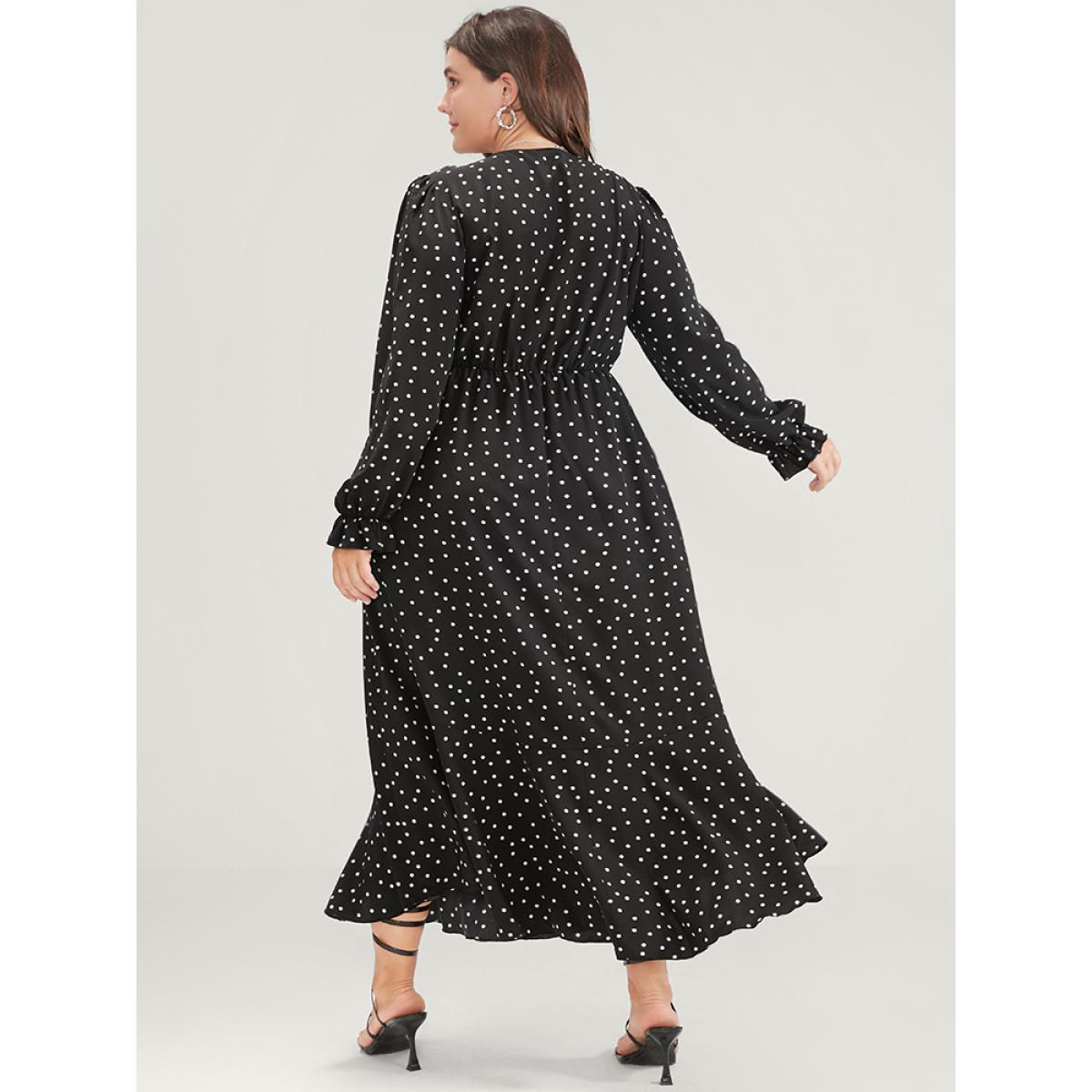 Plus Size Polka Dot Pocket Contrast Lace Split Hem Dress Black Women Elegant Patchwork V-neck Long Sleeve Curvy Long Dress BloomChic 12/L Product Image