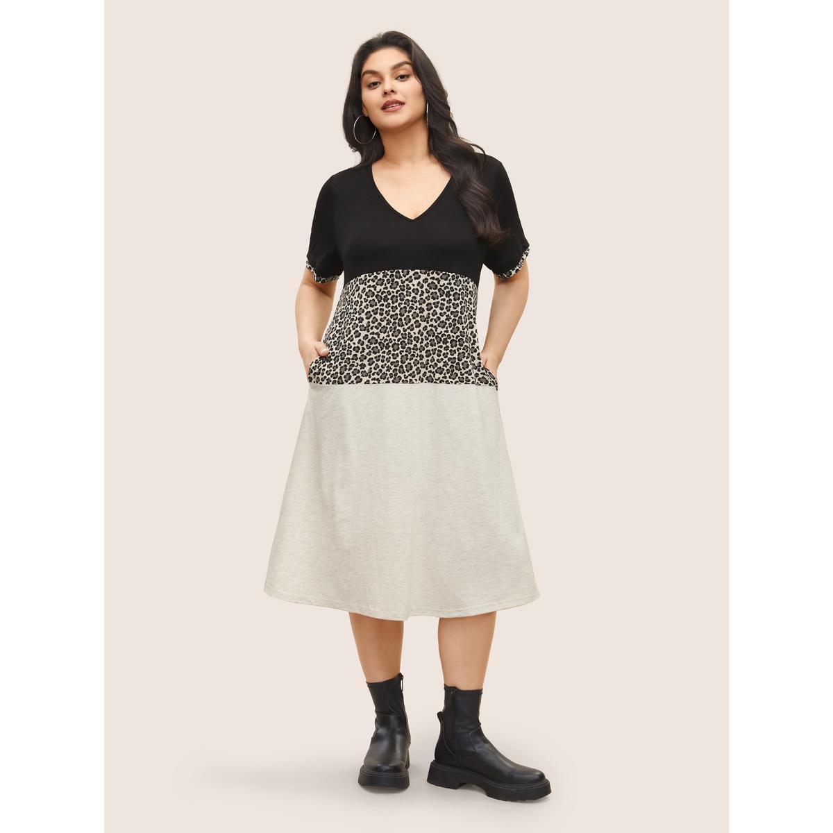 Plus Size Leopard Colorblock Contrast Patchwork Pocket Dress Black Women Casual Non V-neck Short sleeve Curvy Midi Dress BloomChic 18-20/2X Product Image
