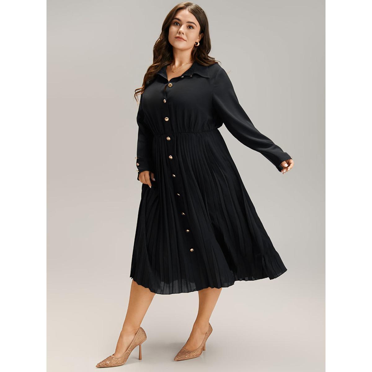 Plus Size Solid Shirt Collar Pleated Metal Detail Dress Black Women Office Plain Shirt collar Long Sleeve Curvy Midi Dress BloomChic 12/L Product Image
