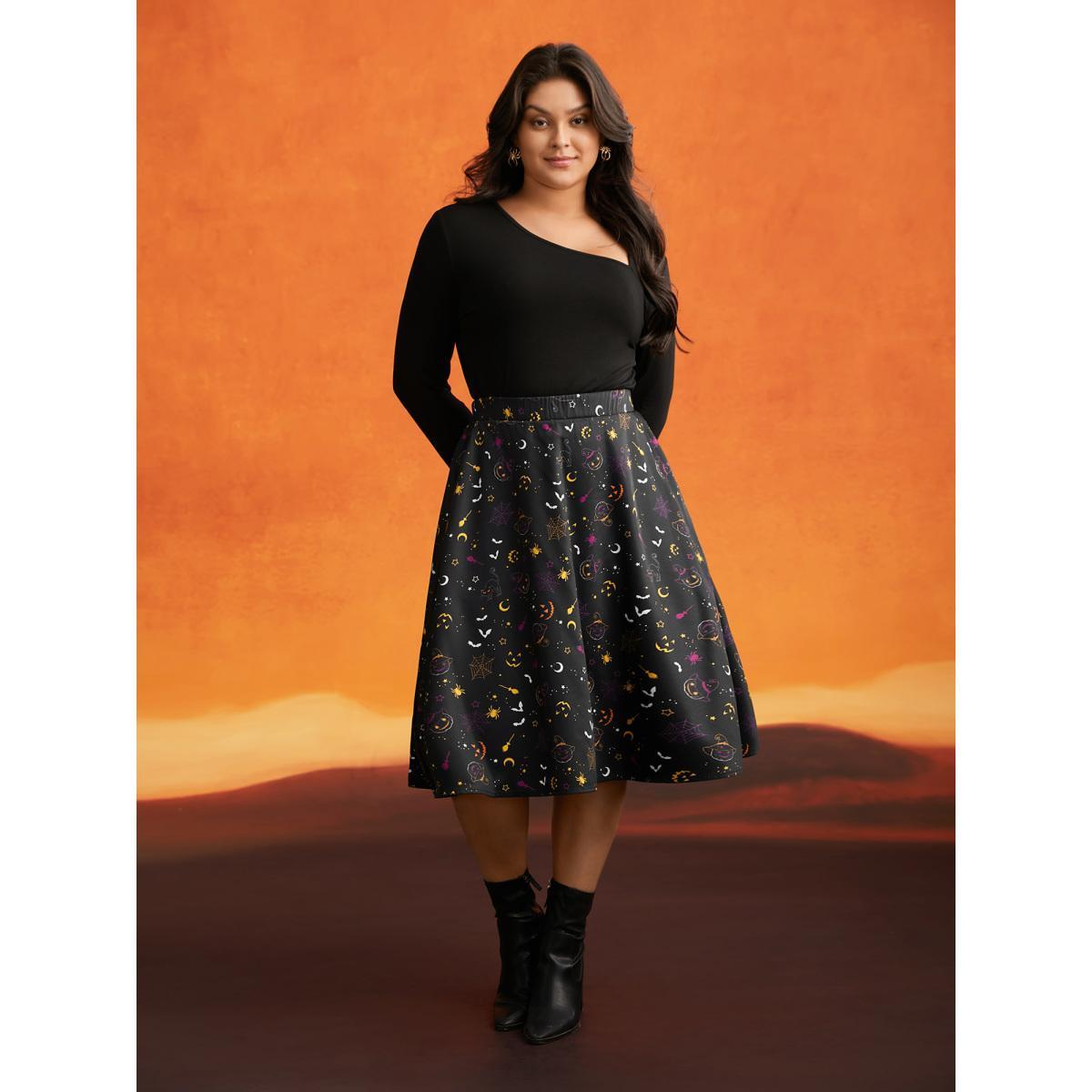 Plus Size Pumpkin Dance Printed Knee-Length Skirt Women Black Cocktail Non No stretch Slanted pocket Party Skirts BloomChic 18-20/2X Product Image