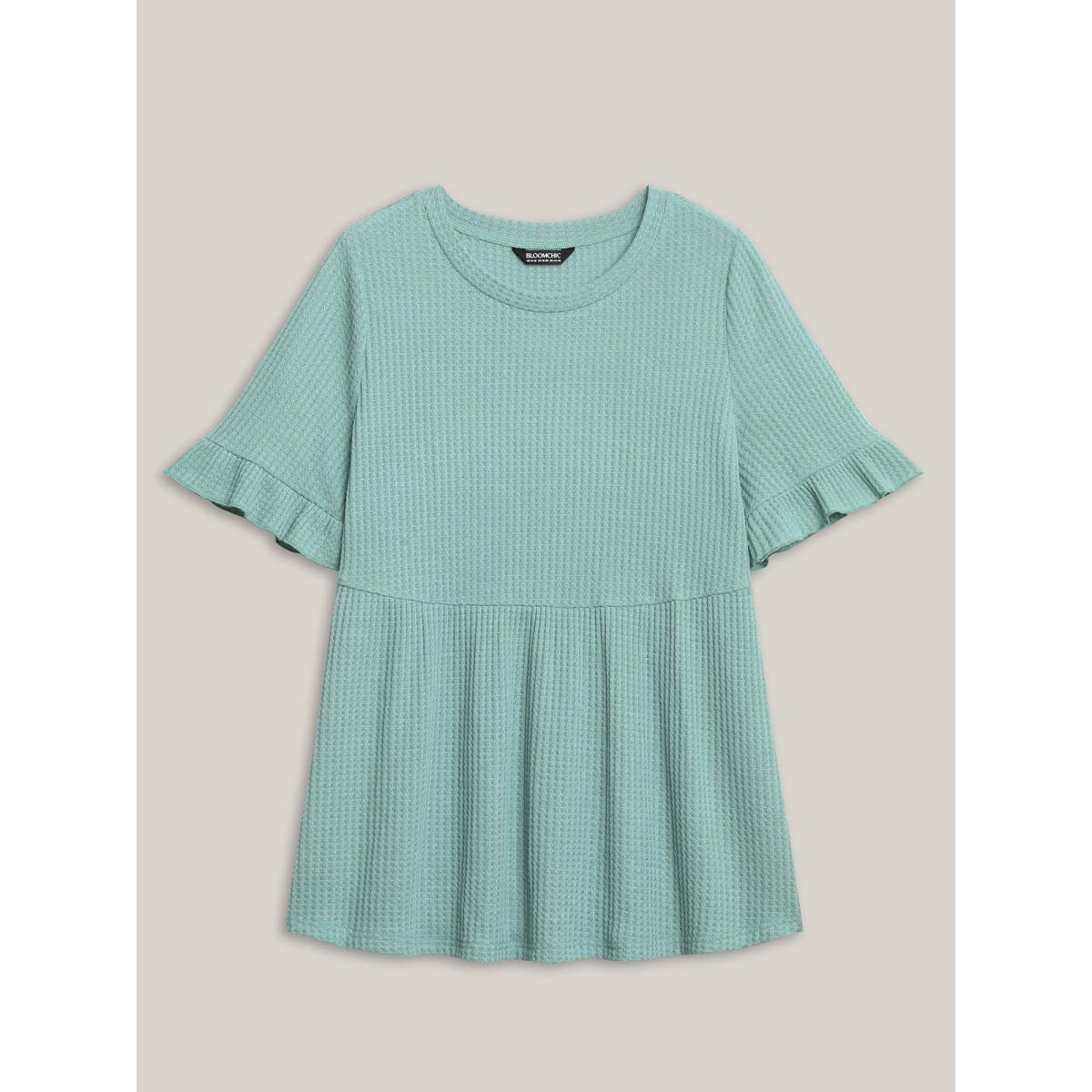 Plus Size Waffle Lotus Leaf Hem T-Shirt Turquoise Women Texture Round Neck Everyday-Casual T-shirts BloomChic 22-24/3X Product Image