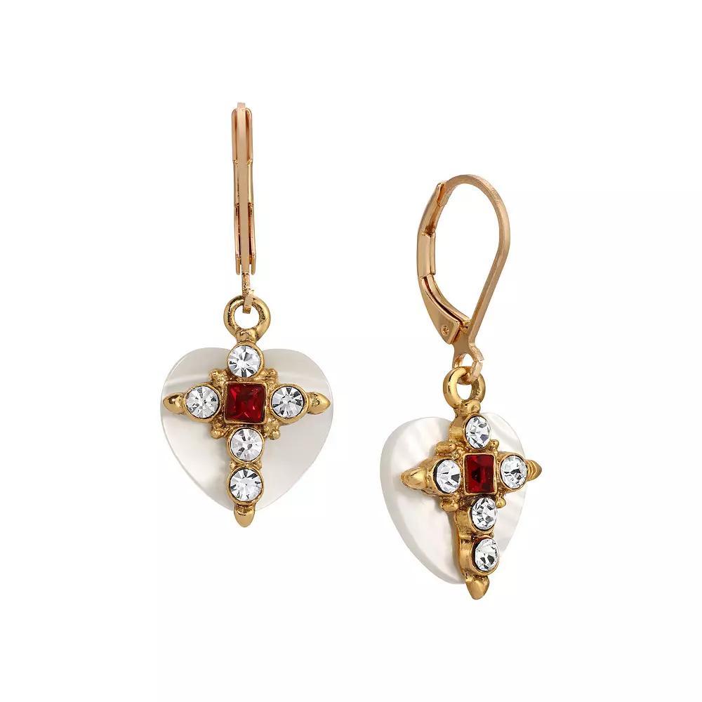 Symbols of Faith Mother of Pearl Heart Red & Crystal Cross Earrings, Womens Product Image
