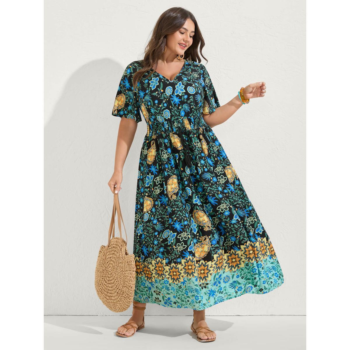 Plus Size Rayon Paisley Print Shirred Midi Dress Black Women V-neck Short sleeve Curvy BloomChic 18-20/2X Product Image
