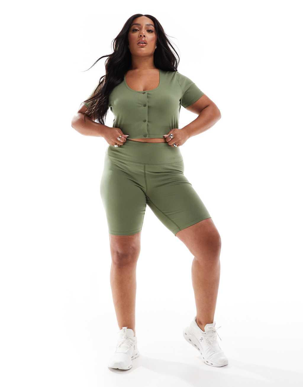 4505 Curve Studio soft touch active short sleeve cardigan in khaki green  Product Image