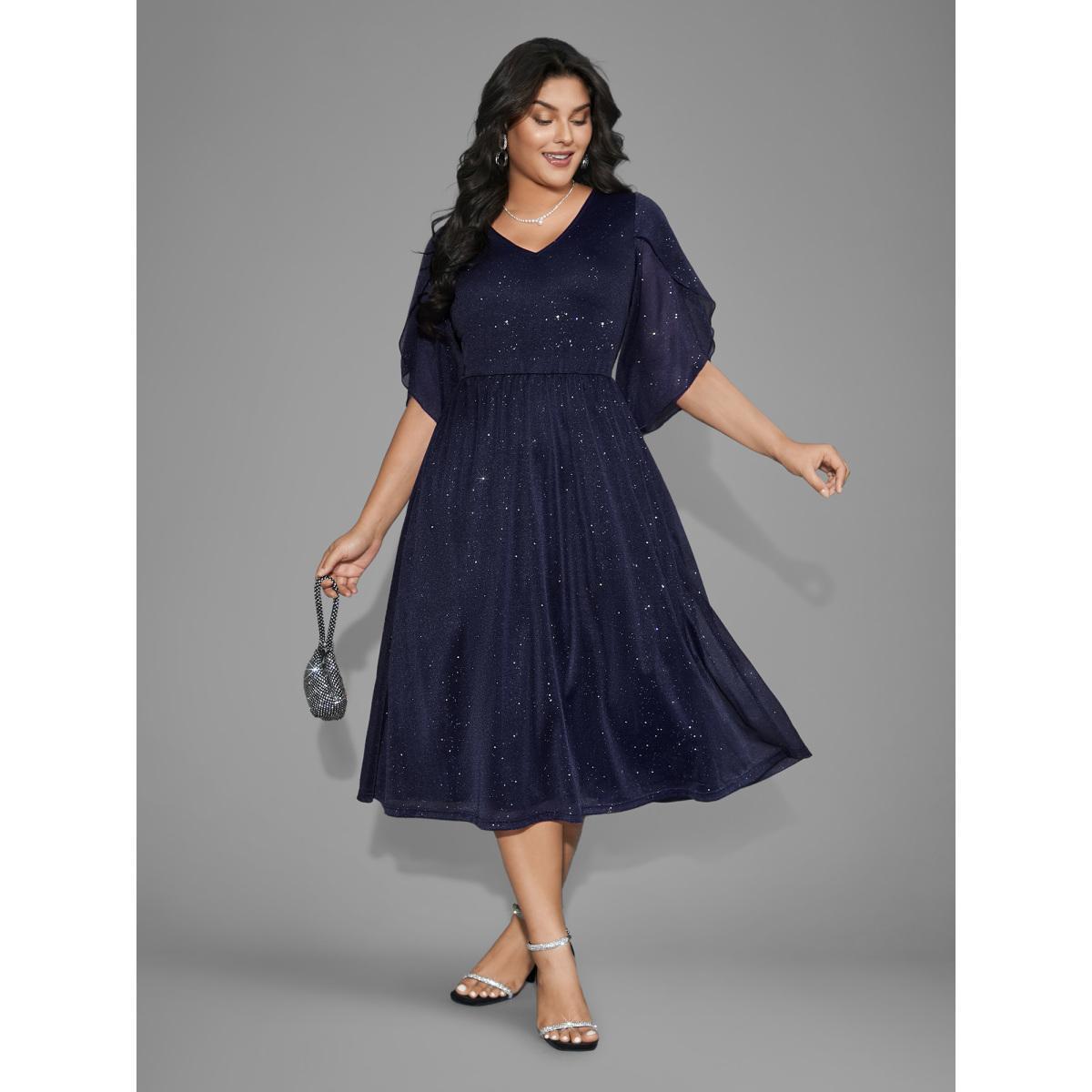 Plus Size Glitter Mesh Petal Sleeve Midi Dress Midnight Women Cocktail Texture Party Curvy Bloomchic 10/M Product Image
