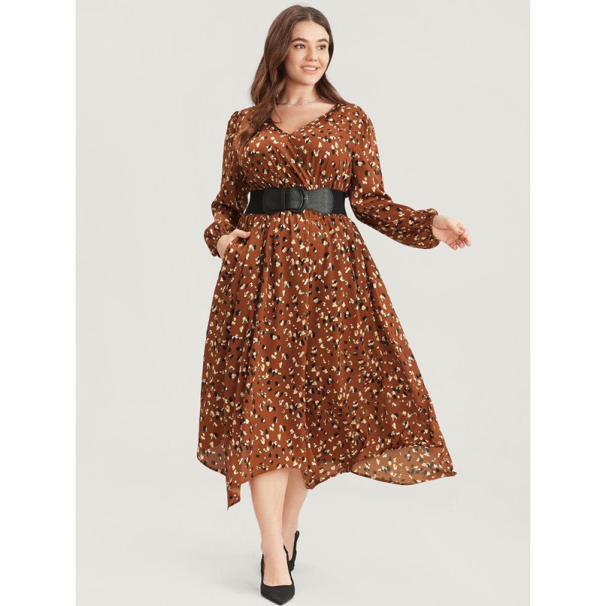 Plus Size Allover Print Shirred Pocket Surplice Neck Hanky Hem Dress Chocolate Women Elegant Asymmetrical V-neck Long Sleeve Curvy Midi Dress BloomChic 26/4X Product Image
