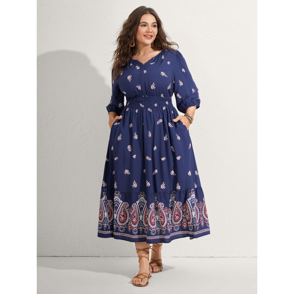 Plus Size Paisley Print Shirred Waist Midi Dress DarkBlue Women Flat collar with V-notch Elbow-length sleeve Curvy BloomChic 14-16/1X Product Image