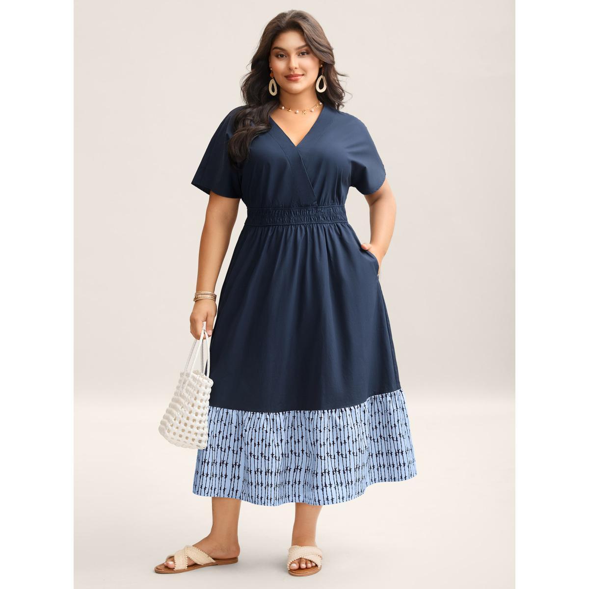 Plus Size Cotton Color Block Cinched-Waist Spliced Maxi Dress Skyblue Women V-neck Sleeveless Curvy BloomChic 30/6X Product Image