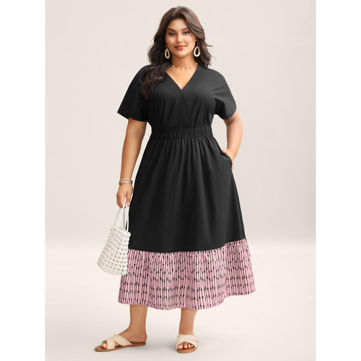 Plus Size Cotton Color Block Cinched-Waist Spliced Maxi Dress Skyblue Women V-neck Sleeveless Curvy BloomChic 30/6X Product Image