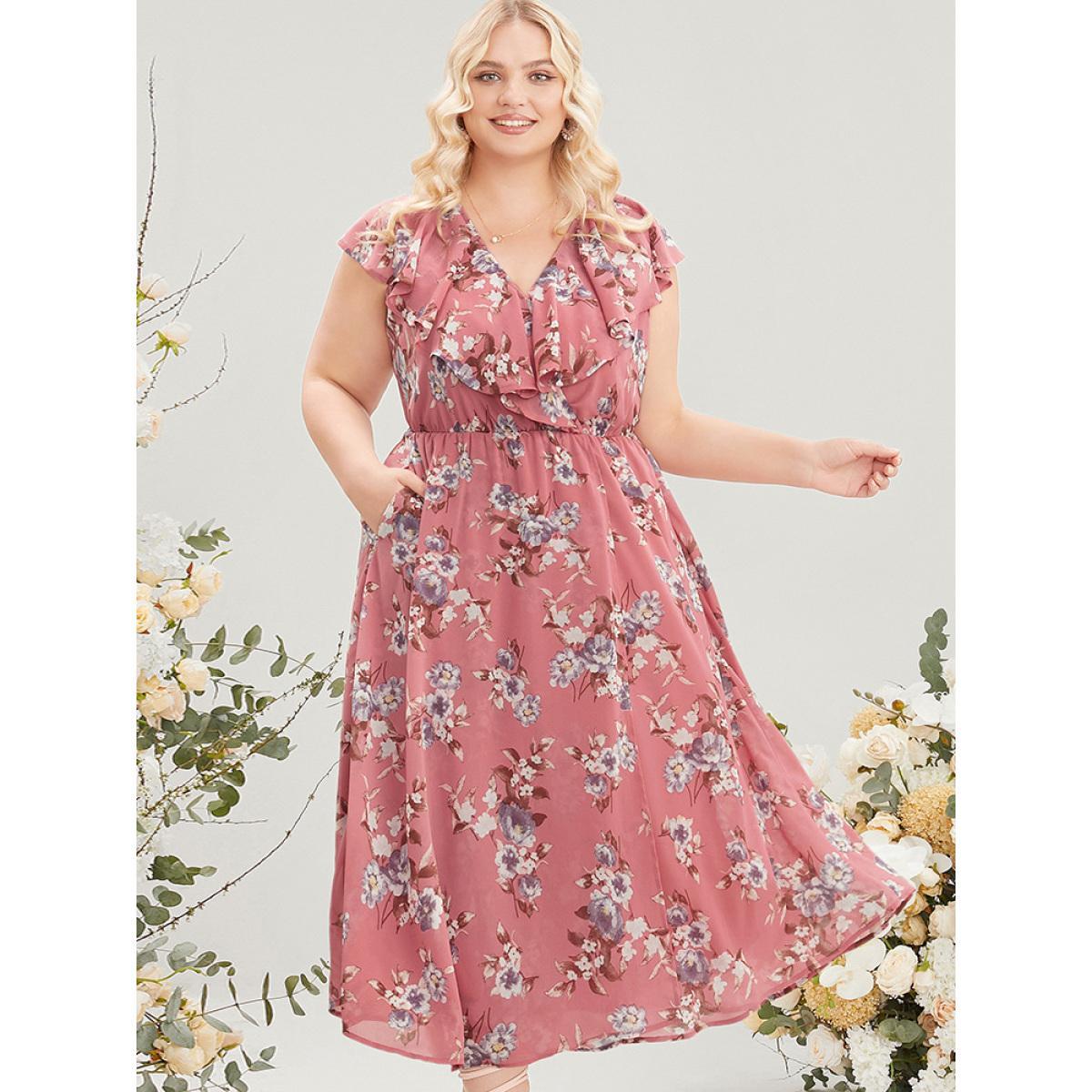Plus Size Floral Print Ruffle Trim Pocket Sleeveless Wrap Dress DustyPink Women Elegant Elastic Waist Overlap Collar Sleeveless Curvy Midi Dress BloomChic 18-20/2X Product Image