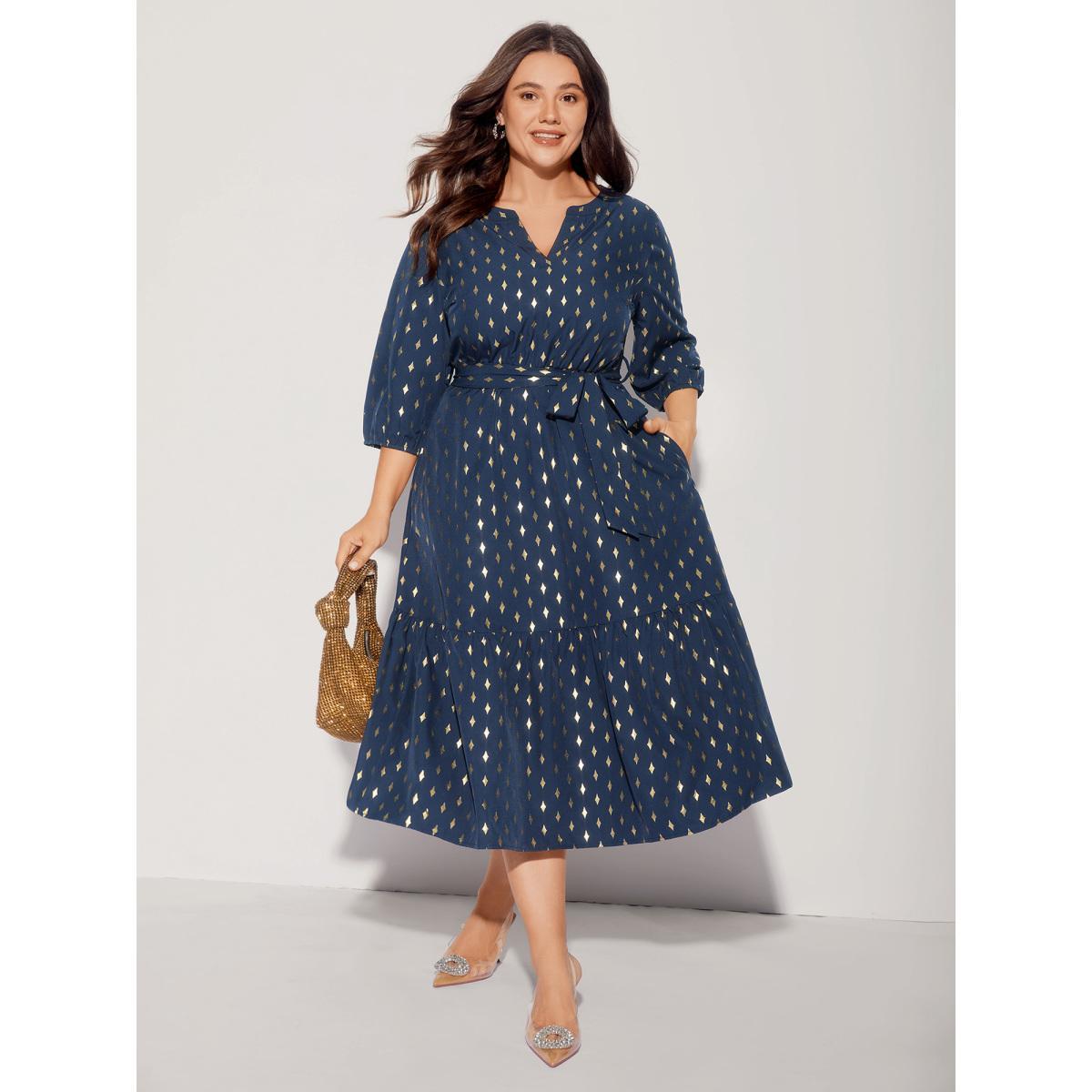 Plus Size Glitter Notched Lantern Sleeve Midi Dress Indigo Women Formal Gathered Notched collar Elbow-length sleeve Curvy BloomChic 26/4X Product Image